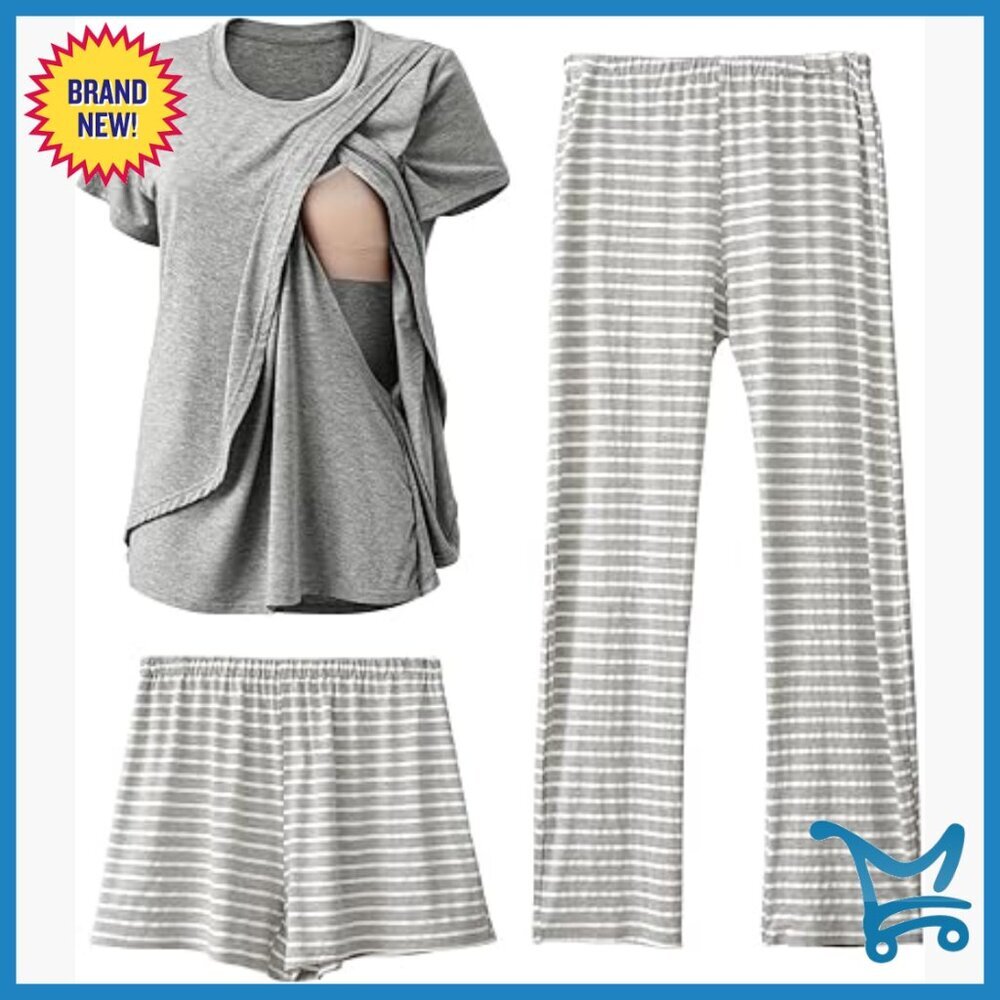 Maternity Nursing Pajama Set 3-Piece Soft Postpartum Breastfeeding Sleepwear